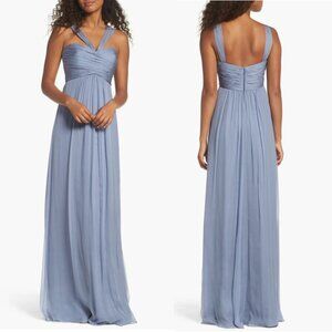 Amsale Corbin Crinkled Chiffon Empire Gown Slate Blue 100% Silk Formal Dress